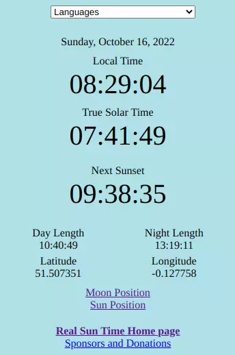 Sun Time, Sun Clock, Local Time, My True Solar Time, Latitude, Longitude, Time Left For Sunset, Time Left For Sunrise, Day Length, Night Length, Real Time Sundial, Online Sundial