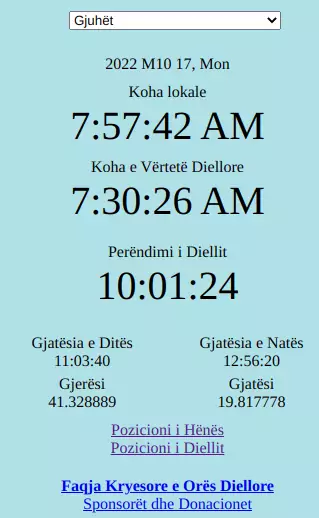 Në çfarë ore lind Dielli dhe në çfarë ore perëndon Dielli, Koha reale e Diellit, Koha e vërtetë diellore, perëndimi i diellit, lindja e diellit, ora e diellit në kohë reale celulare, Zona kohore lokale, mesdita diellore, pozicionimi GPS, koha e kursimit të ditës, Ora juaj e saktë diellore, Perëndimi i diellit pranë meje