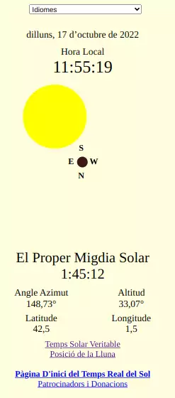 Posició Solar, Energia Solar, Rellotge Solar, Hora Solar, Posta de Sol Següent, La Propera Mitjanit Solar, Pròxima Sortida del Sol, El proper Migdia Solar, Angle d’Azimut del Sol, Altitud del Sol