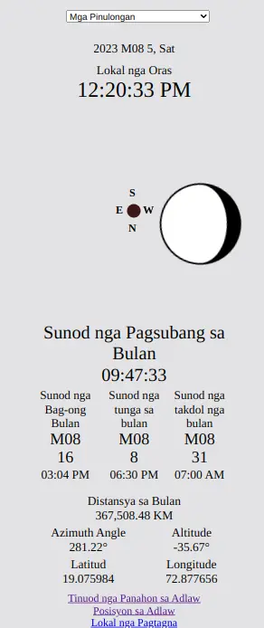 Distansya sa Bulan, Pagsubang sa Bulan, Pagset sa Bulan, Sunod nga Bag-ong Bulan, Sunod nga tunga sa Bulan, Sunod nga takdol nga Bulan, orasan sa Bulan