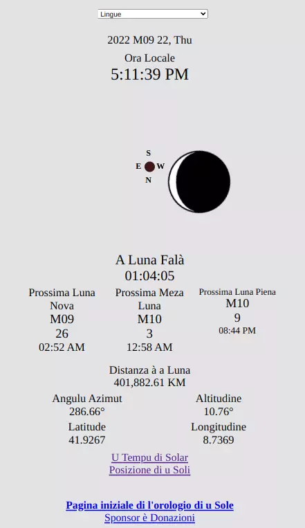 Position de la Lune, Angle d'azimut de la Lune, Altitude de la Lune, Distance à la Lune, Lever de Lune, Coucher de Lune, Prochaine Nouvelle Lune, Prochaine Demi-Lune, Prochaine Pleine Lune, Horloge lunaire