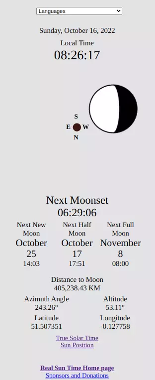 Distance to Moon, Moonrise, Moonset, Next New Moon, Next Half Moon, Next Full Moon, Moon clock