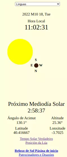 Posición do Sol, Enerxía Solar, Reloxo Solar, Hora Solar, Próxima posta do Sol, Próxima Medianoite, Próximo Amencer, Próximo Mediodía, Ángulo Azimutal do Sol, Altitude do Sol