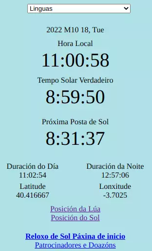 Tempo restante para o Solpor, Tempo restante para o amencer, Duración do día, Duración da noite, Reloxo Solar en liña