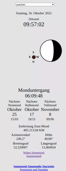 Die Mondphasen, Mondposition, Entfernung zum Mond, Mondaufgang, Monduntergang, nächster Neumond, nächster Vollmond, Monduhr