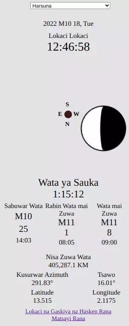 Nisa zuwa Wata, Hawan wata, Fannin wata, Sabon Wata na gaba, Rabin Wata na gaba, Cikakken Wata, Agogon Wata