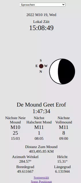 Distanz zum Mound, Moundopgang, Moundënnergang, Nächsten Neimound, Nächsten Hallefmound, Nächste Vollmound, Mounduhr