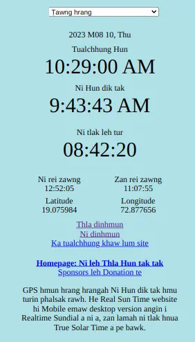 Ni Hun, Ni Darkar, Tualchhung Hun, Ka Ni Hun Dik Tak, Latitude, Longitude, Ni Tlak Hun Lam, Ni Chhuah Hun Lam, Ni Length, Zan Length, Real Time Sundial, Online Sundial