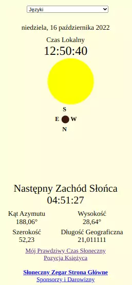 Pozycja Słońca, Energia Słoneczna, Zegar Słoneczny, Czas Słoneczny, Następny Zachód Słońca, następna Północ, Następny Wschód Słońca, następne Południe, Kąt Azymutu Słońca, Wysokość Słońca