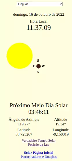 Posição do Sol, Energia Solar, Relógio Solar, Hora Solar, Próximo Pôr do Sol, Próximo Meia-Noite Solar, Próximo Nascer do Sol, Próximo Meio-Dia Solar, ângulo do Azimute do Sol, Altitude do Sol