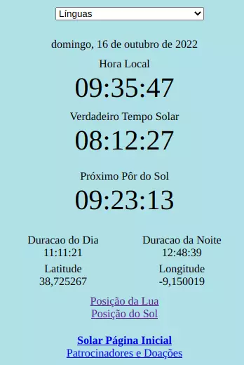 Verdadeiro Tempo Solar, Próximo Pôr do Sol, Nascer do Sol, Relógio de Sol Móvel, Fuso Horário Local, Meio-Dia Solar, Posicionamento GPS, Horário de Verã