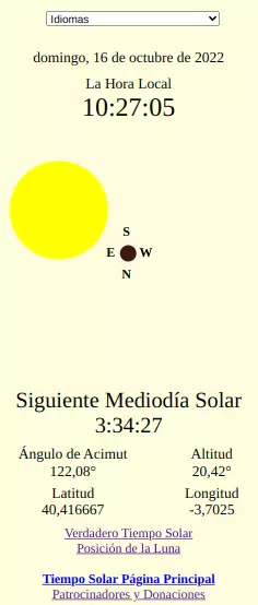 Posición del Sol, Energía Solar, Reloj Solar, Hora Solar, Siguiente Puesta de Sol, Siguiente Medianoche Solar, Siguiente Amanecer, Siguiente Mediodía Solar, Ángulo de Acimut del Sol, Altitud del Sol